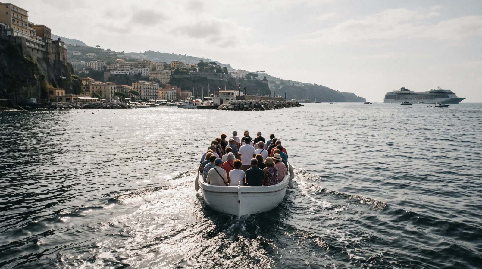 The Marina Piccola pier at Sorrento seen from the water with the cliffs and the town above