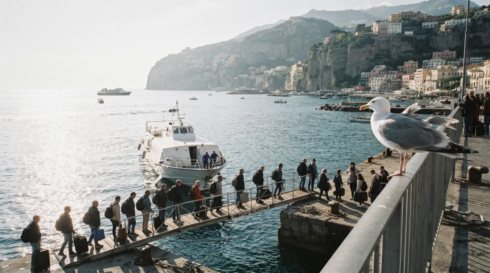 Passengers queuing along the ramp at Marina Piccola pier in Sorrento for the morning Capri hydrofoil