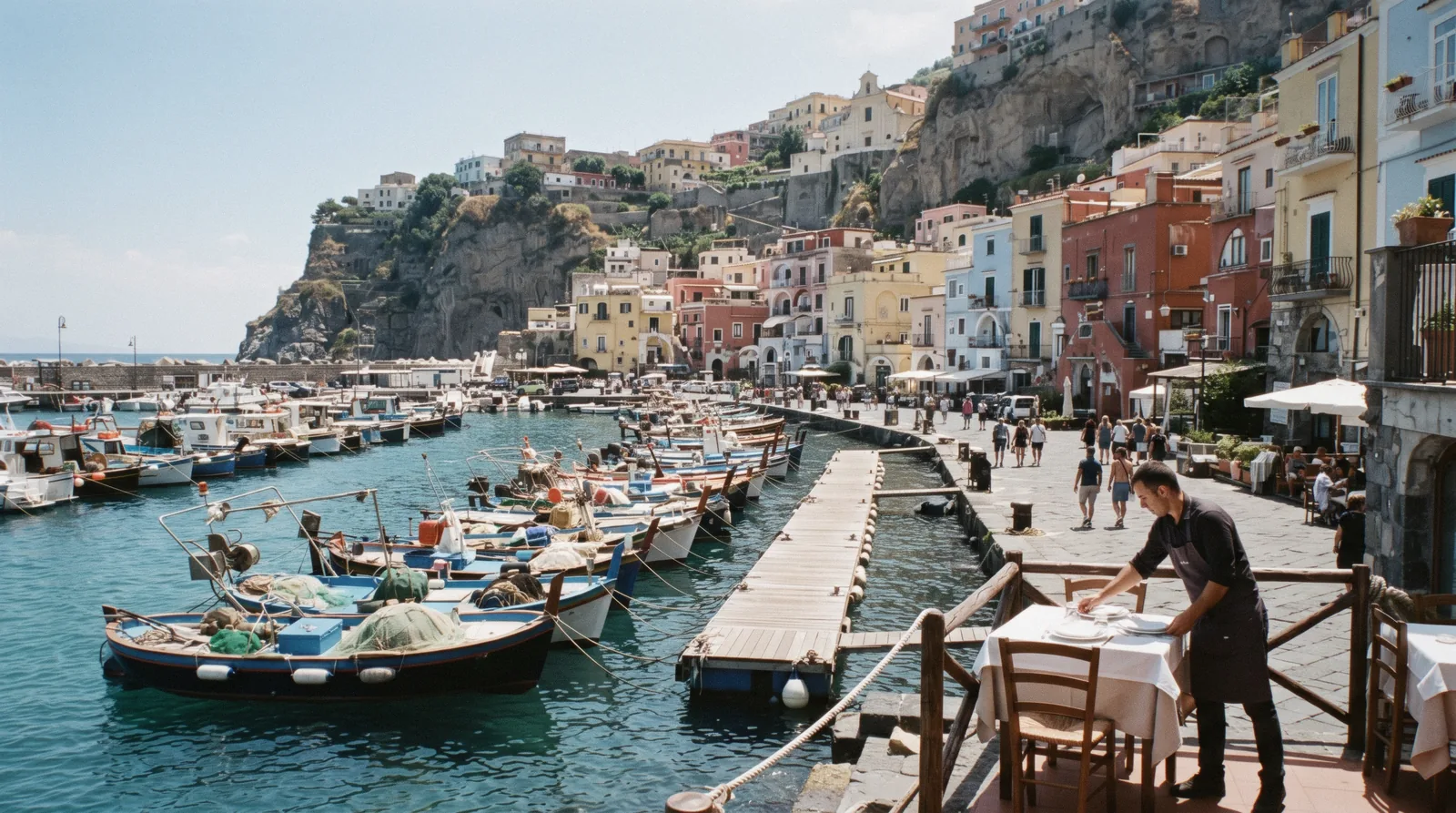 Painted fishing boats and the coloured houses of Marina Grande, Sorrento, seen from the harbour water