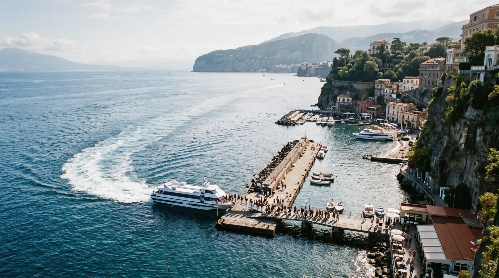 The ferry pier and hydrofoils at Marina Piccola, Sorrento, under the cliff of the town centre