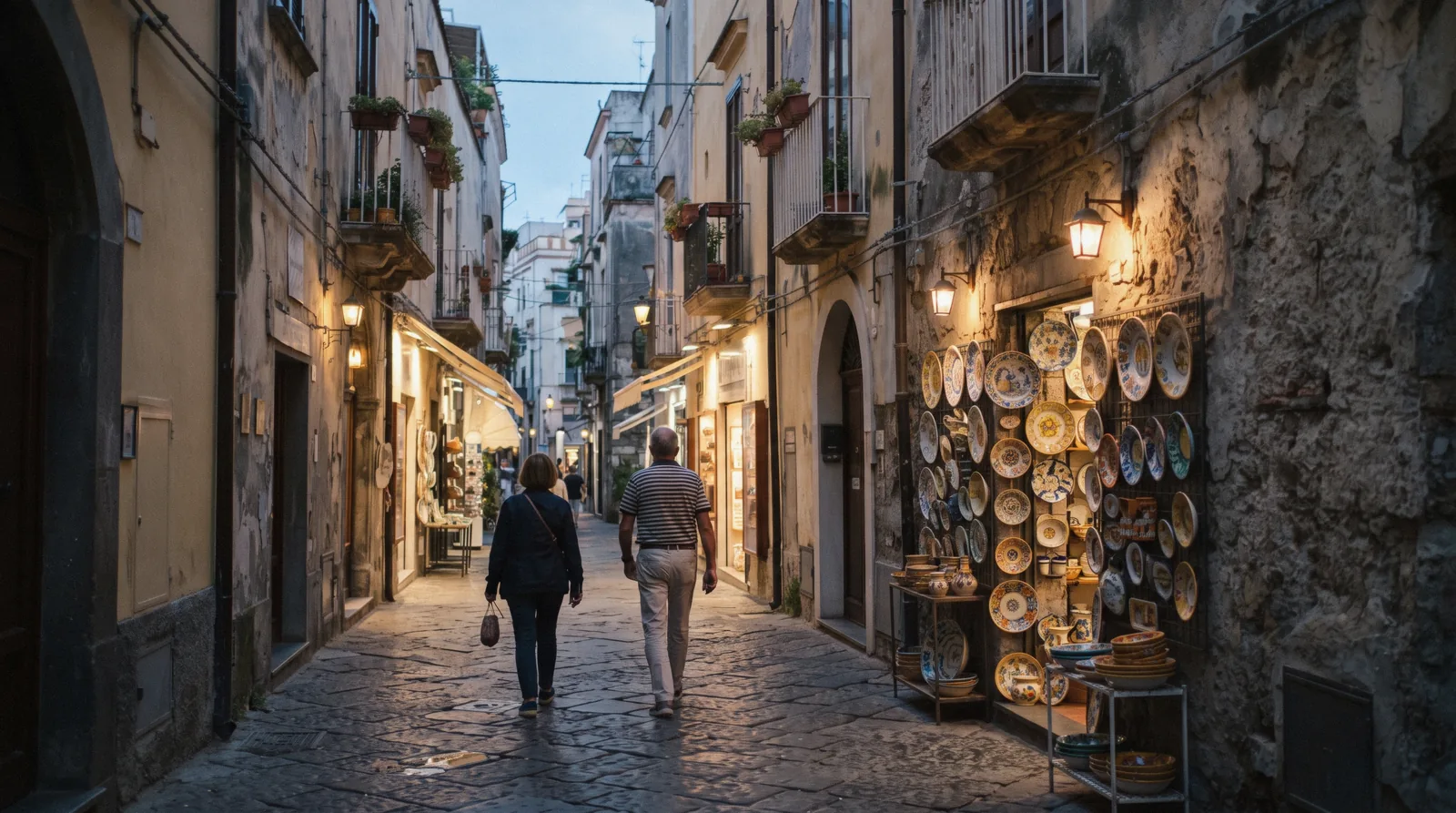 The narrow cobbled lane of Via San Cesareo in Sorrento's old town with shutters, ceramics shopfronts and evening light