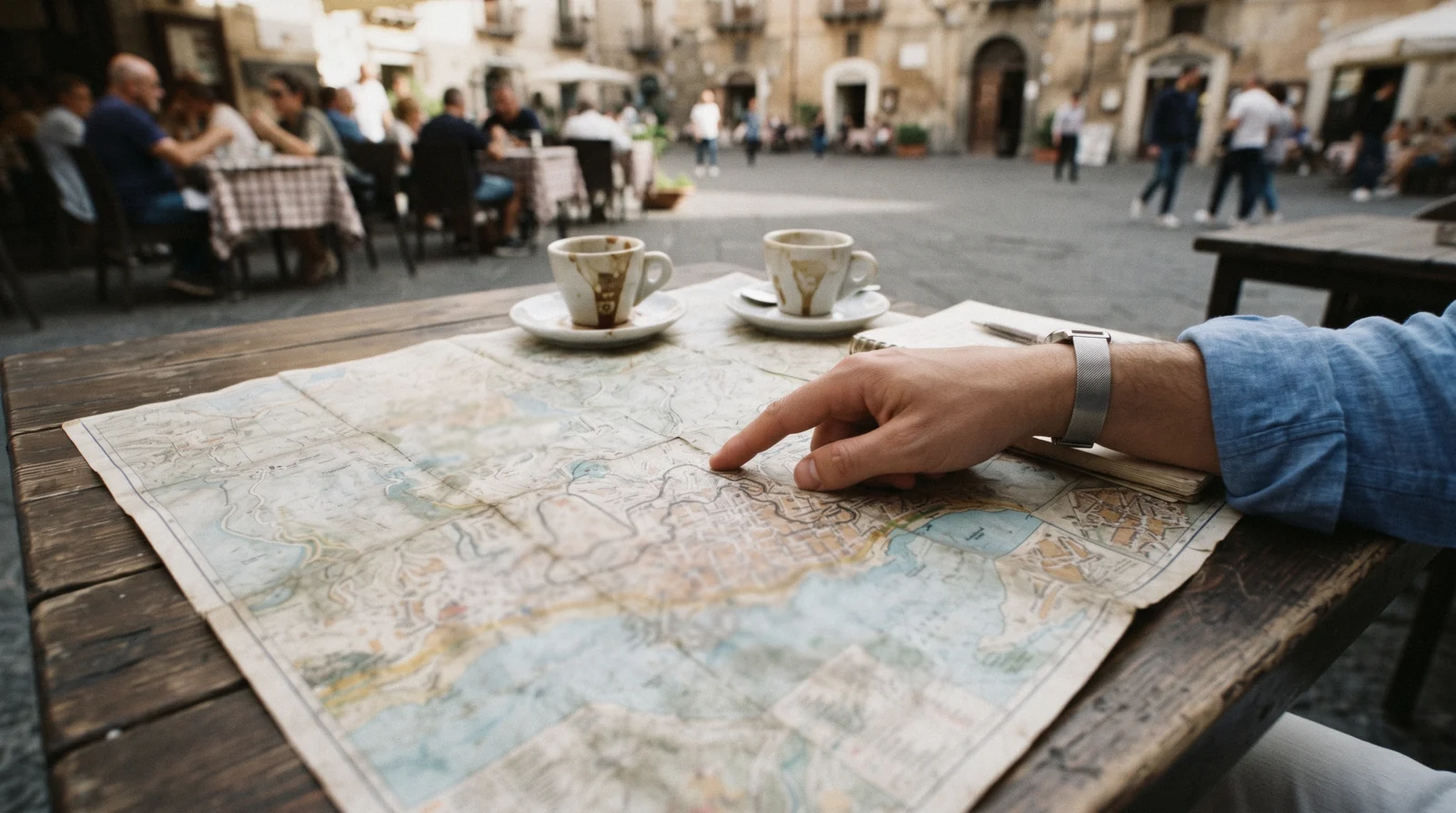 A paper map spread on a cafe table on Piazza Tasso in Sorrento with two espresso cups and a hand tracing a route