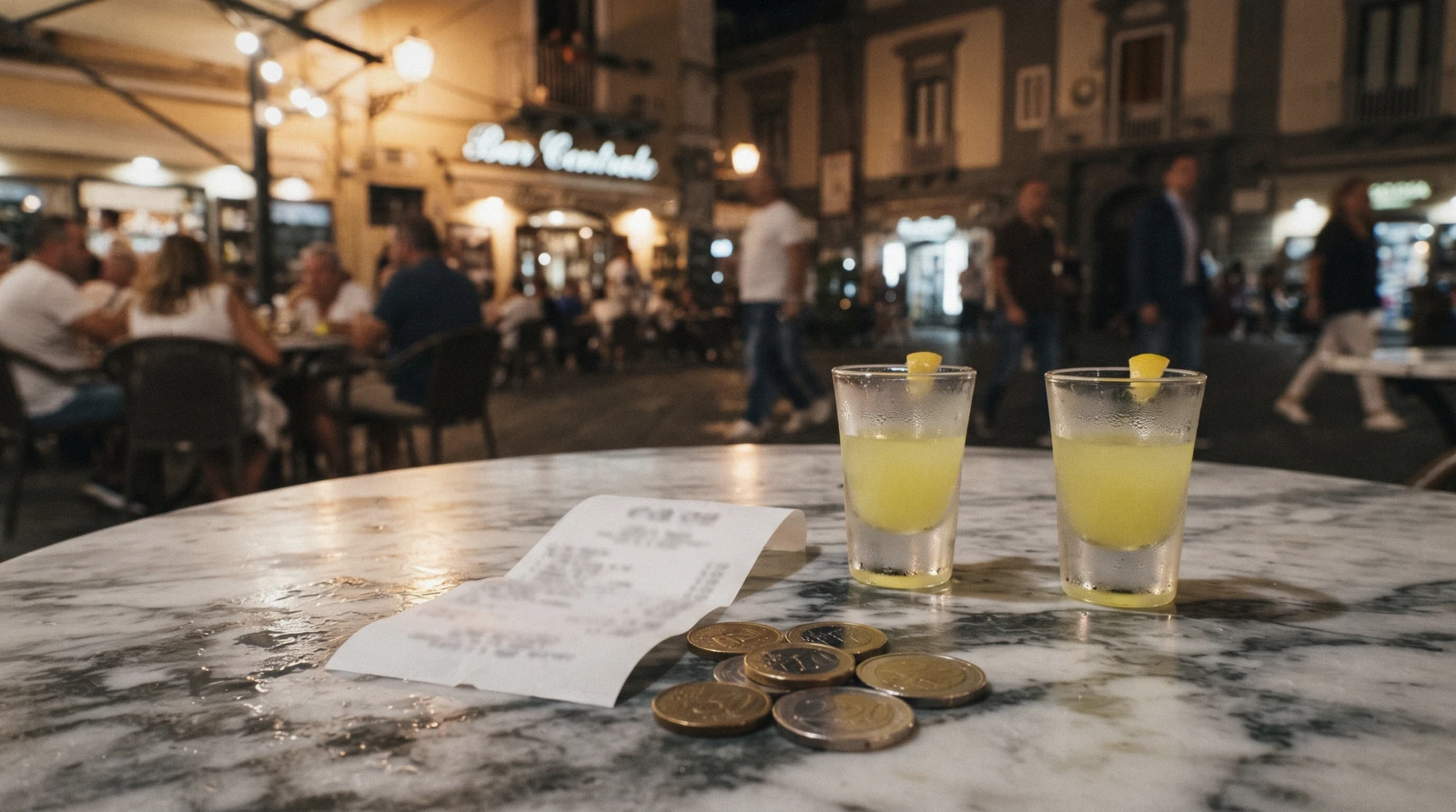 A cafe table on a Sorrento side street with lemons and a view towards the bay