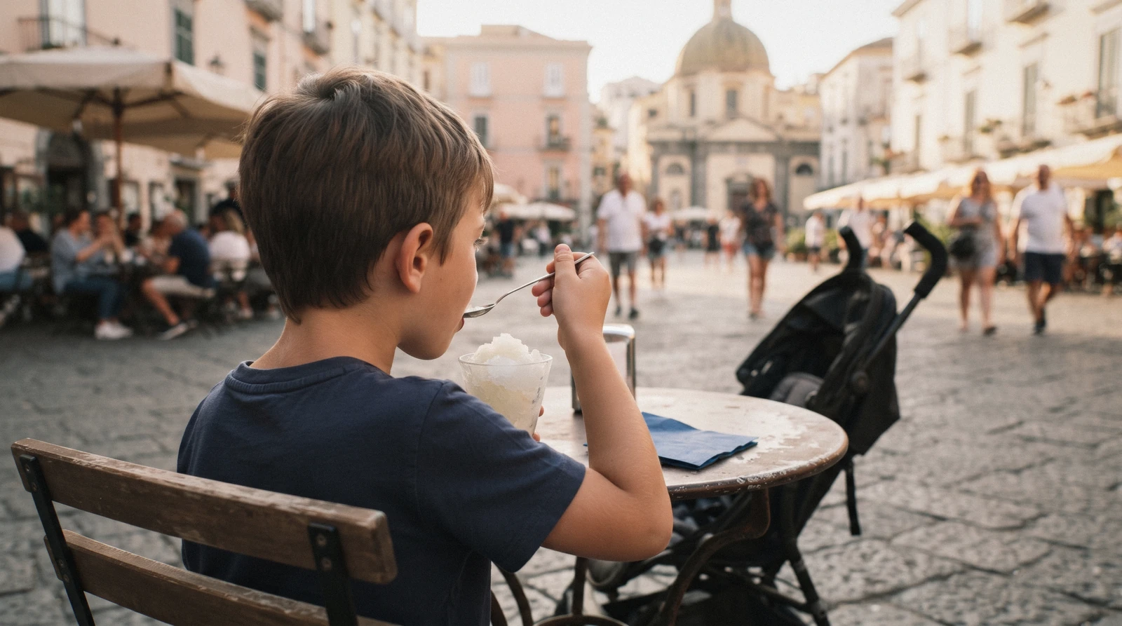 A family of three walking along Sorrento's flat main street in the morning, gelato in hand