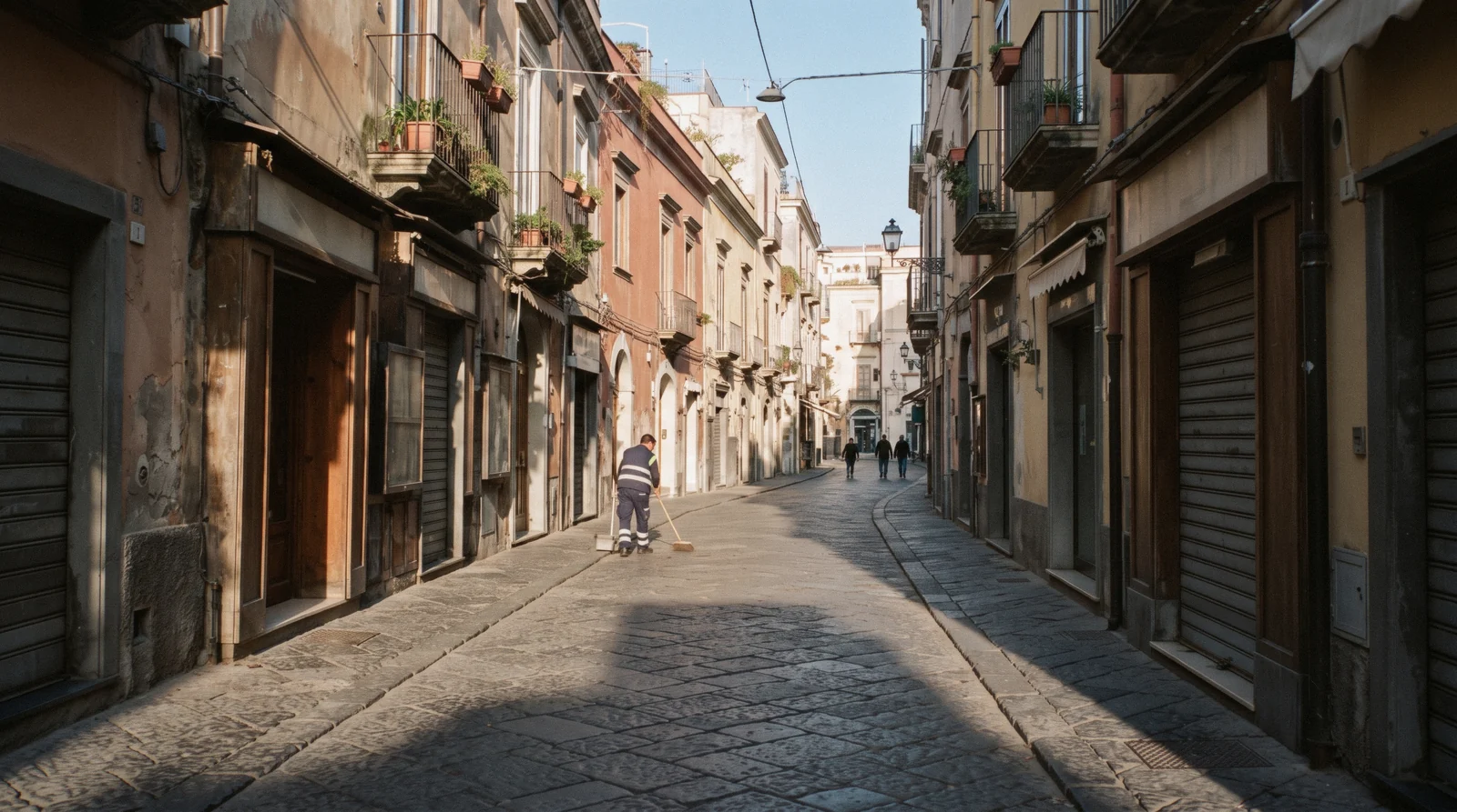 Via San Cesareo in Sorrento old town in early morning light with long shadows across the cobbles